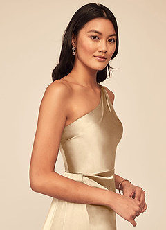 Azazie Maron Bridesmaid Dresses Champagne A-Line One Shoulder Stretch Satin Dress image5