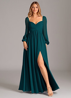 Azazie Alia Bridesmaid Dresses Pine A-Line Long Sleeve Chiffon Dress image1