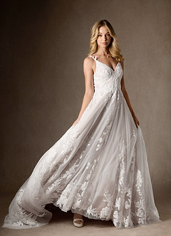Azazie Delaina Wedding Dresses Diamond White Nude A-Line V-Neck Sequins Tulle Dress image11