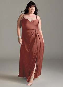 Azazie Brielle Bridesmaid Dresses Auburn A-Line Cowl Spaghetti Straps Stretch Satin Dress image8