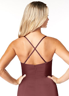 Azazie Marzia Vestidos de damas de honor Vestido de Acai de Satén Elástico de Recto con Cuello V Plisado image3