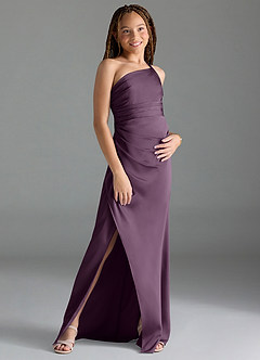 Azazie Eren Junior Vestido de Ciruela de Satén Elástico de Recto con Plisado image3