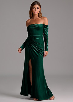 Azazie Hallie Bridesmaid Dresses Emerald Mermaid Long Sleeve Velvet Convertible Dress image4