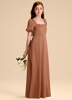 Azazie Briar Junior A라인 절하다 스트레치 새틴 플로어 길이 주니어 신부 들러리 드레스 image4