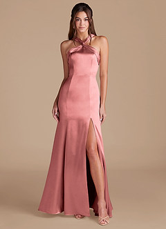 Azazie Rue Robes de demoiselle d'honneur Robe Fourreau en Satiné métallisé Plissée Rosette image1