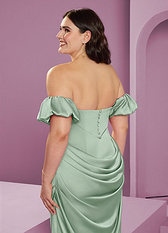 Barbie ♥ Azazie Jurken voor bruidsmeisjes Converteerbaar Jurk van Stretch Satijn met Kolom Off the Shoulder Agave image17