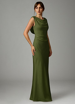 Azazie Kieryn Robes de demoiselle d'honneur Robe Sirène en Satin extensible Plissée Olive image4