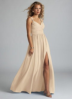Azazie Aziza Bridesmaid Dresses Champagne A-Line V-Neck Pleated Chiffon Dress image3