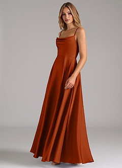 Azazie Elle Vestidos de damas de honor Vestido de Naranja Quemada de Satén Elástico de Corte en A con Plisado image6