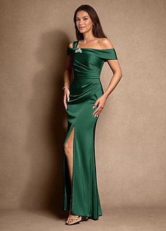 Azazie Altonia Mother of the Bride Dresses Dark Green Mermaid Off the Shoulder Stretch Satin Dress image5