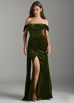 Azazie Amyra Bridesmaid Dresses Olive Sheath Off the Shoulder Velvet Convertible Dress image5