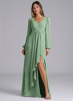 Azazie Liah Bridesmaid Dresses Matcha A-Line Long Sleeve Chiffon Dress image1