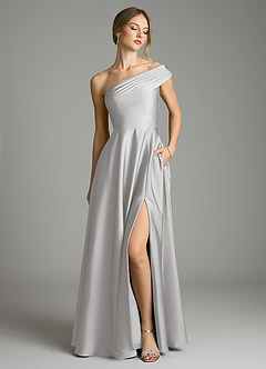 Azazie Melanie 신부 들러리 드레스 A라인 오프 더 숄더 스트레치 새틴 바닥 길이 드레스 image1