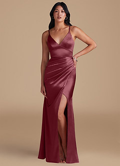 Azazie Shania Vestidos de damas de honor Vestido de Rosa Del Desierto de Satén Metálico de Corte Recto con Plisado image5