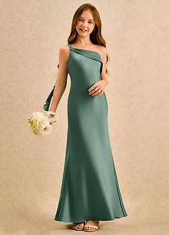 Azazie Almond Girls Formal Jurken voor bloemenmeisjes Kokerjurk Jurk van Stretch Satijn One-shoulder Eucalyptus image2