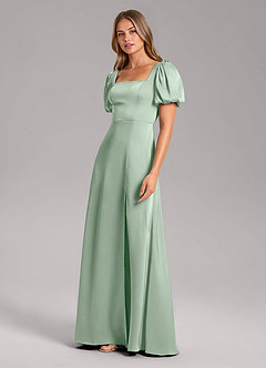 Azazie Fyona Bridesmaid Dresses Agave A-Line Pleated Stretch Satin Dress image4