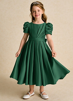Azazie Miriam Blumenmädchenkleider Ballkleid Plissee Matte Satin Kleid Dunkelgrün image1