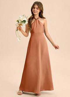Azazie Beah Junior Copper A-Line Pleated Stretch Satin Dress image2