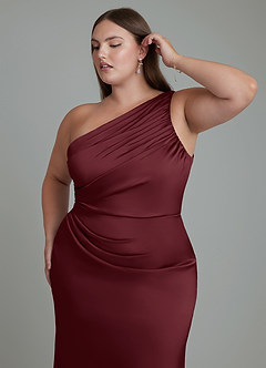 Azazie Akilah Bridesmaid Dresses Cabernet Mermaid One Shoulder Stretch Satin Dress image13