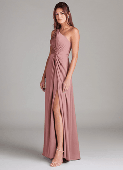 Azazie Brooke Vestidos de damas de honor Vestido de Rosa Polvorienta de Satén Elástico de Corte en A con Hombro unilateral image4