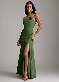 Azazie Lorena Vestidos de damas de honor Vestido de Oliva de Gasa de Corte Sirena con Plisado image4