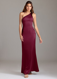 Azazie Arleth Robes de demoiselle d'honneur Robe Trapèze en Satin extensible Ue épaule Mûre image3