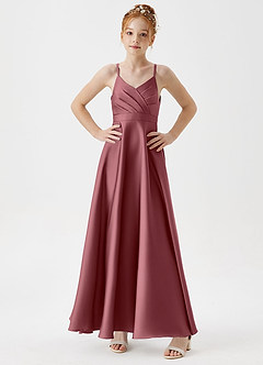 Azazie Avelina Junior Desert Rose A-Line Pleated Stretch Satin Dress image3