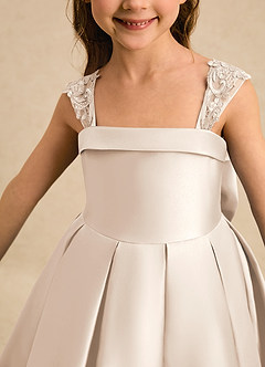 Azazie Genie Flower Girl Dresses White Alabaster Ball-Gown Off the Shoulder Matte Satin Dress image4