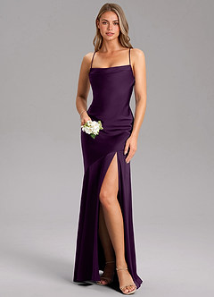 Azazie Grata Bridesmaid Dresses Grape Sheath Side Slit Stretch Satin Dress image1