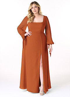 Azazie Leonia Bridesmaid Dresses Cinnamon A-Line Long Sleeve Chiffon Dress image8