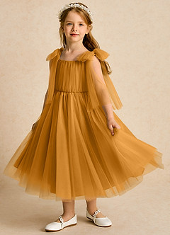 Azazie Dori Robe Demoiselle D'honneur Fillette Robe Trapèze en Tulle Rayé Caramel écossais image5