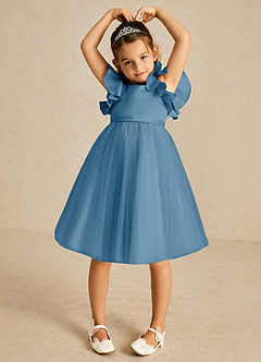Azazie Kaeya Flower Girl Dresses Steel Blue A-Line Bow Tulle Dress image3
