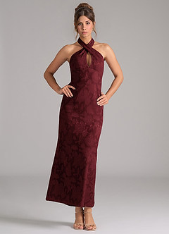 Azazie Marlissa Bridesmaid Dresses Cabernet Sheath Pleated Floral Burnout Dress image1