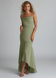 Azazie Summer Bridesmaid Dresses Pistachio Mermaid Scoop Cowl Chiffon Dress image1