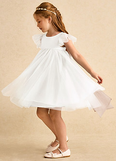 Azazie Munchkin Flower Girl Dresses Ivory English Rose A-Line Bow Tulle Dress image5