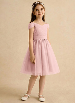 Azazie Lila Girls Formal Robe Demoiselle D'honneur Fillette Robe Trapèze en Tulle Épaule décolletée Rose Poudré image5