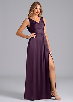 Azazie Karina Bridesmaid Dresses Plum A-Line Pleated Stretch Satin Dress image5