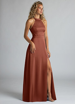 Azazie Clarice Bridesmaid Dresses Clay A-Line High Neck Stretch Satin Dress image2