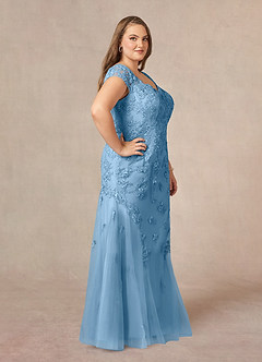 Azazie Marbella vestidos de madre de la novia Vestido de Azul Acero de Encaje de Corte Sirena con Reina Ana Lentejuelas image11