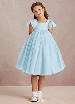 Azazie Kalio Robe Demoiselle D'honneur Fillette Robe Trapèze en Tulle avec manches Bleu Ciel image2