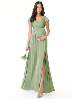 Azazie Allessia Robes de demoiselle d'honneur de maternité Robe Trapèze Plissée Longueur ras du sol Satin extensible image1