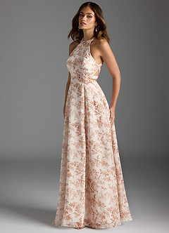 Azazie Clarice Bridesmaid Dresses Pink Fern Floral A-Line Halter Chiffon Dress image3