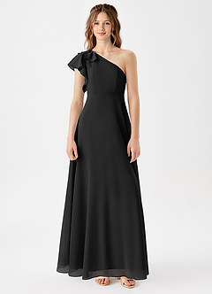 Azazie Arabella Junior Black A-Line Ruched Chiffon Dress image3