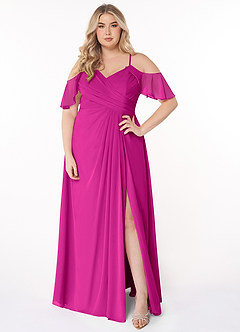 Azazie Dakota Bridesmaid Dresses Fuchsia A-Line V-Neck Pleated Chiffon Dress image1