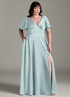 Azazie Kimber Bridesmaid Dresses Mist A-Line Ruched Stretch Satin Dress image3