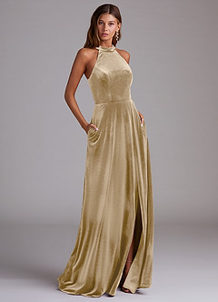 Azazie Larice Bridesmaid Dresses Golden Tan A-Line with Pockets Velvet Dress image1