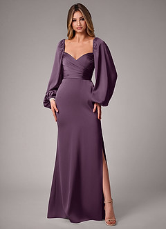 Azazie Sonata Bridesmaid Dresses Plum Sheath Long Sleeve Stretch Satin Convertible Dress image3