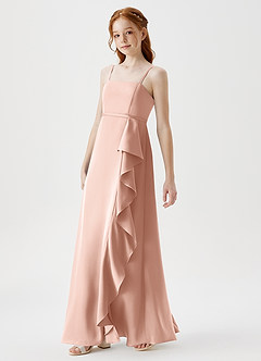 Azazie Kaylee Junior Rose Gold A-Line with Belt Stretch Satin Dress image4