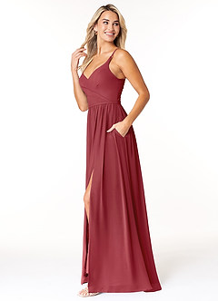 Azazie Dominic Bridesmaid Dresses Pomegranate A-Line V-Neck Pleated Chiffon Dress image3