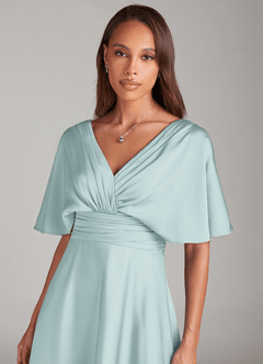 Azazie Pamela Bridesmaid Dresses Mist A-Line Pleated Stretch Satin Dress image4